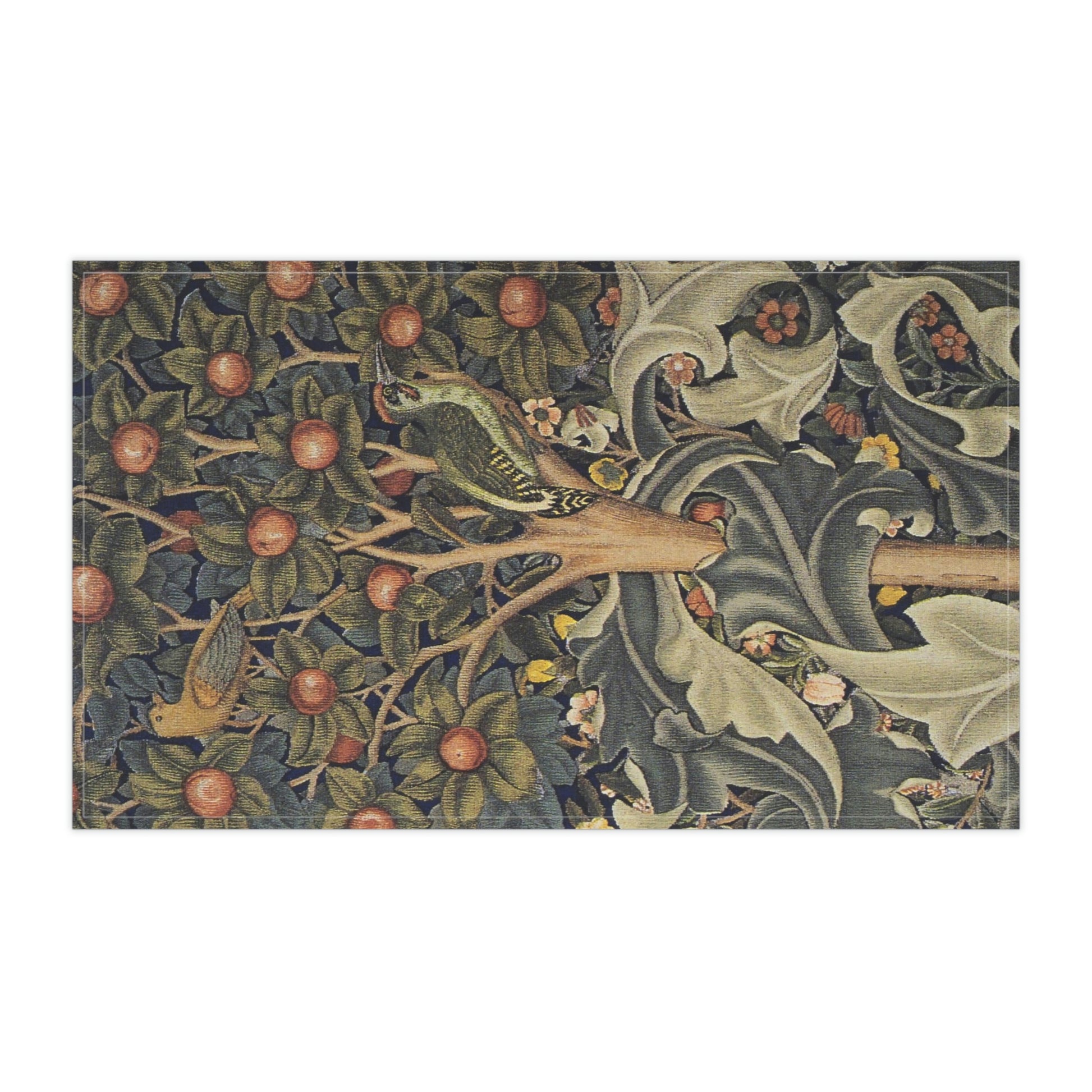 A kitchen tea towel featuring an artistic William Morris & Co design with birds, flowers, and leaves on a green background.