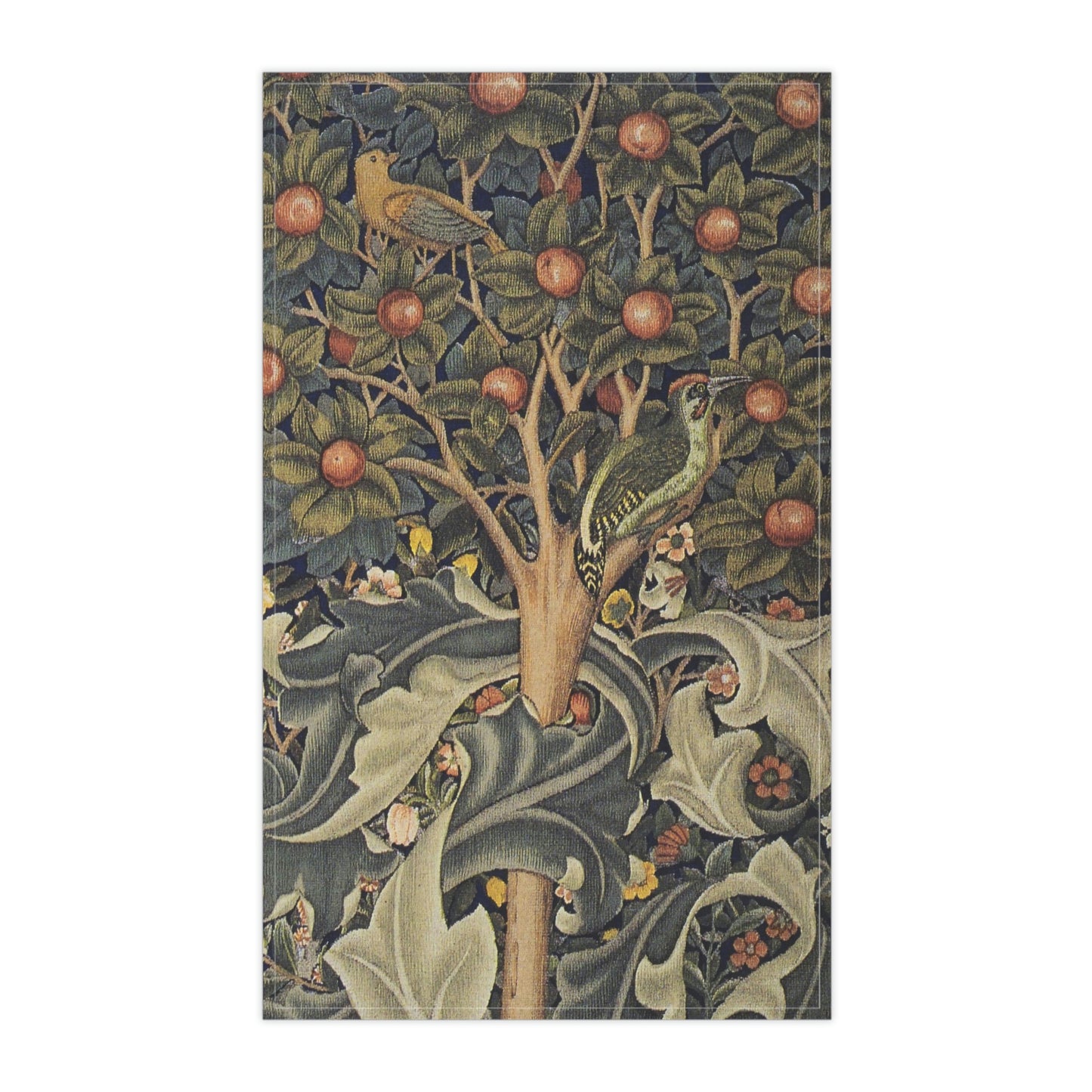 A kitchen tea towel featuring an artistic William Morris & Co design with birds, flowers, and leaves on a green background.