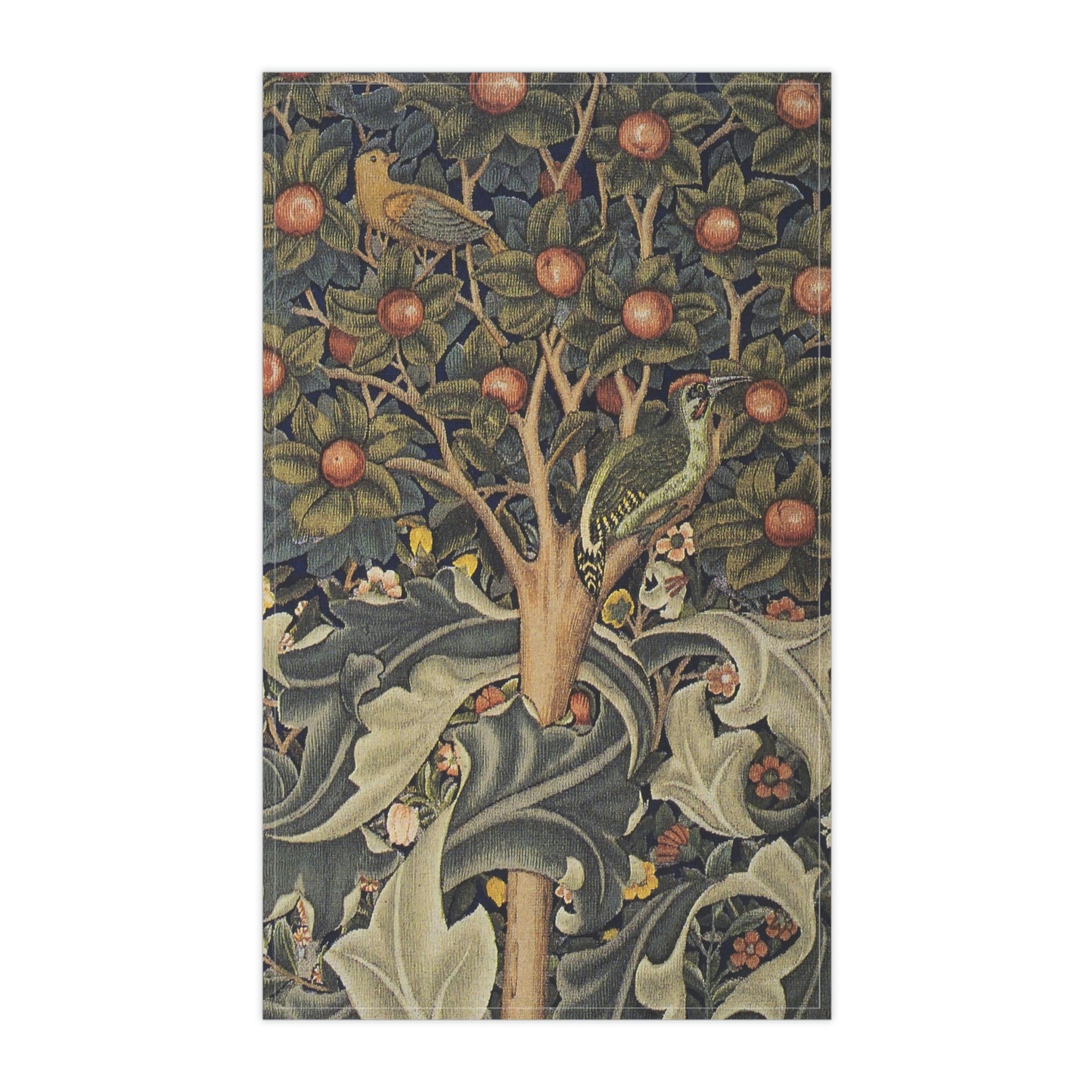 A kitchen tea towel featuring an artistic William Morris & Co design with birds, flowers, and leaves on a green background.