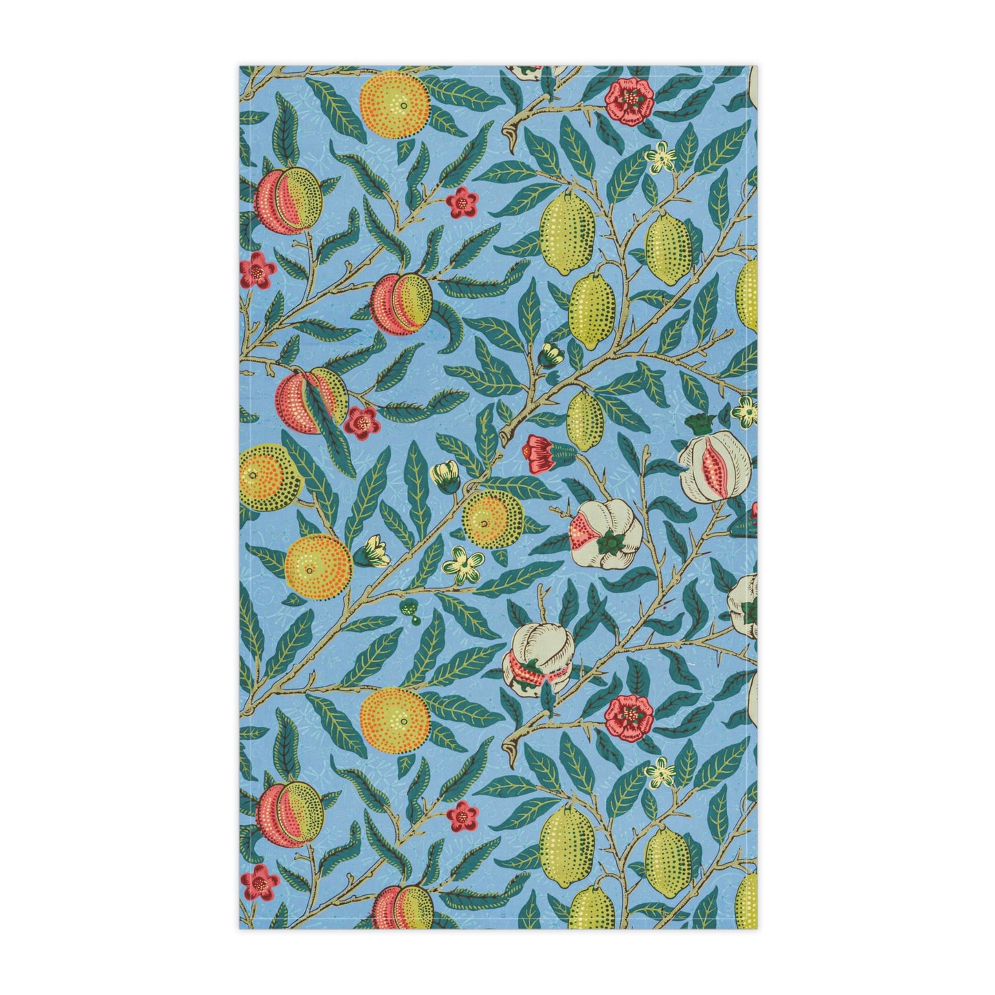 A kitchen tea towel with a blue background featuring a detailed floral and fruit pattern inspired by William Morris - Four Fruits Collection.
