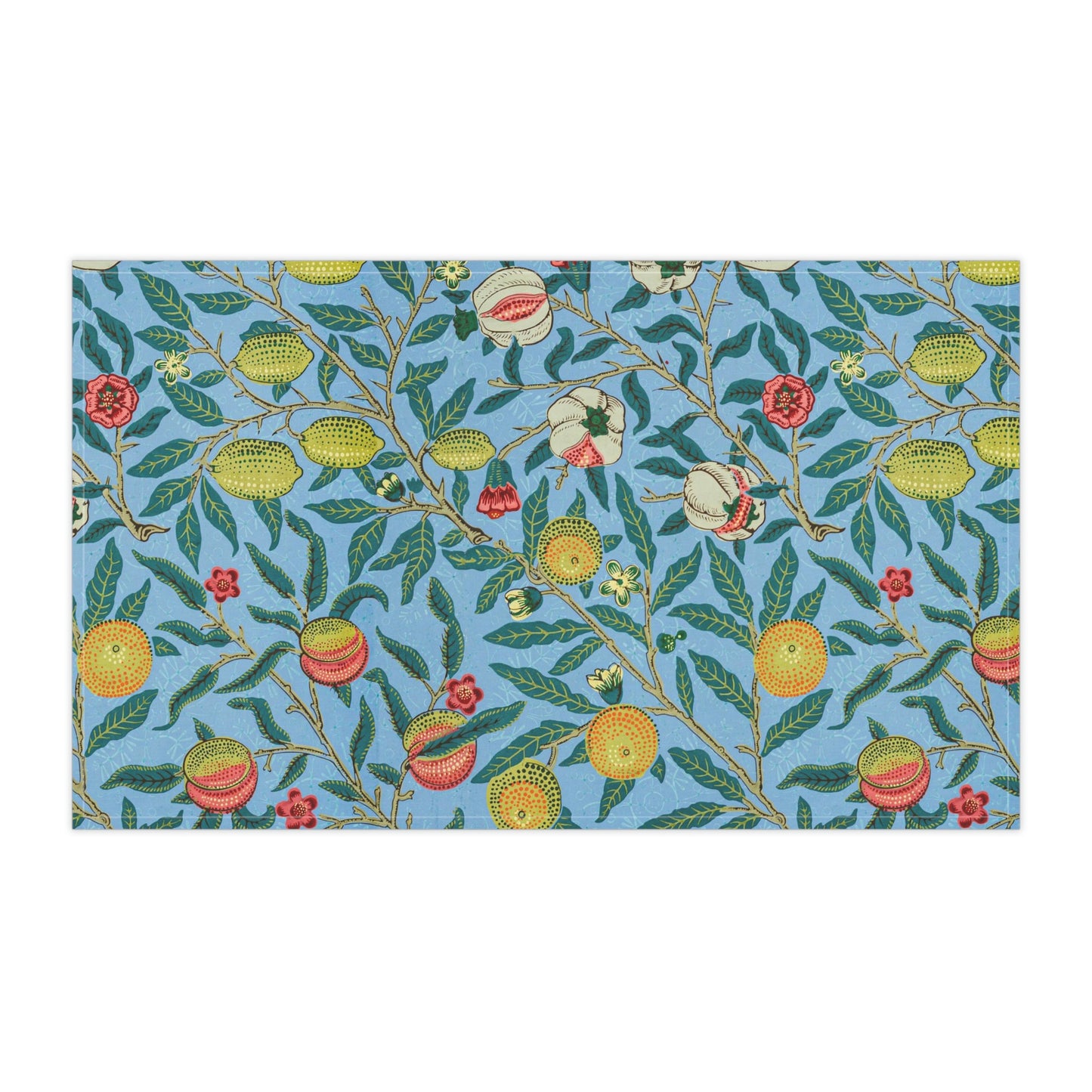 A kitchen tea towel with a blue background featuring a detailed floral and fruit pattern inspired by William Morris - Four Fruits Collection.