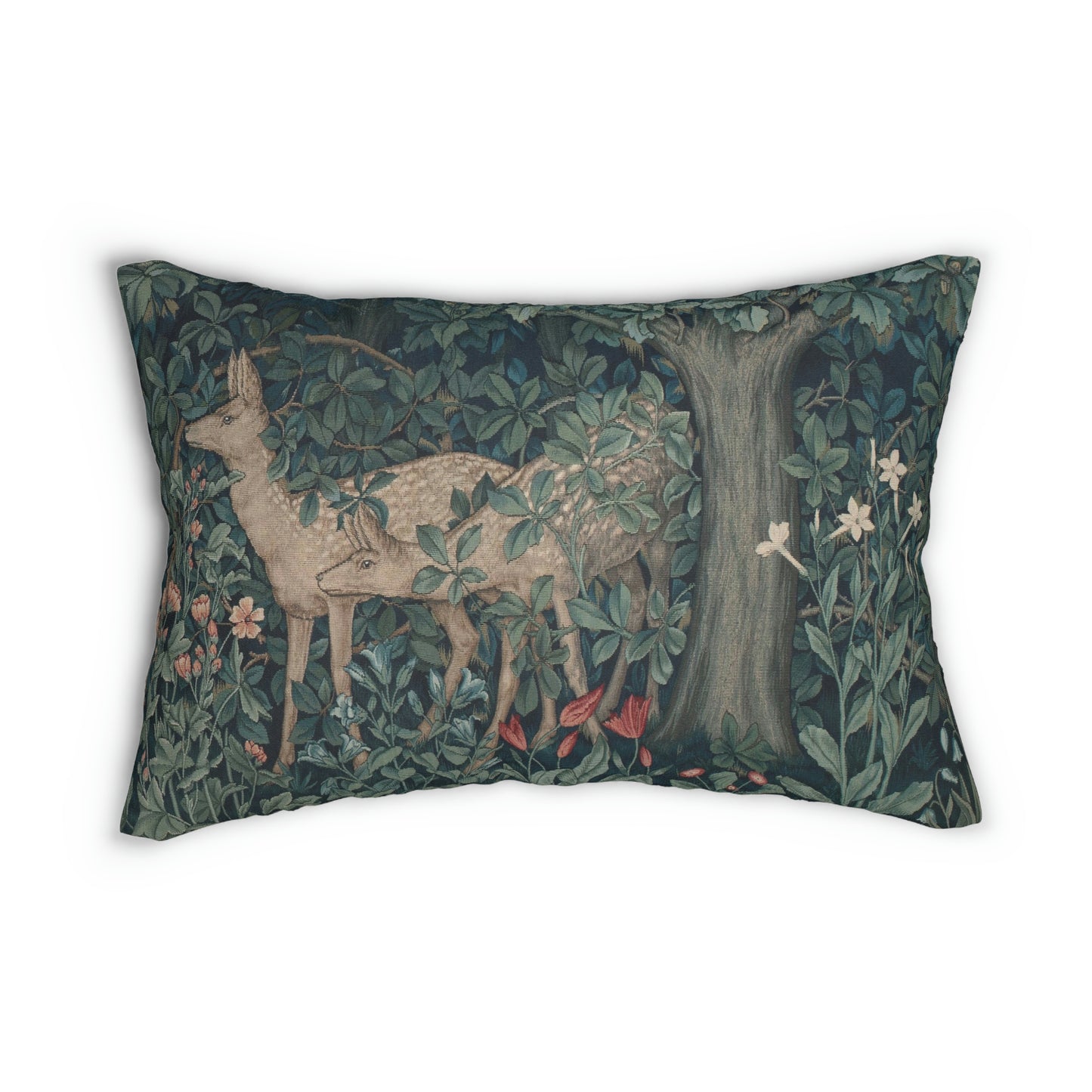 A lumbar cushion with a William Morris & Co floral and animal pattern, featuring a deer and tree in a garden setting.