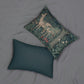 A lumbar cushion with a William Morris & Co floral and animal pattern, featuring a deer and tree in a garden setting.