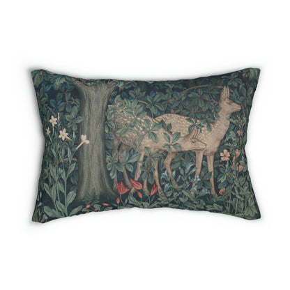 A lumbar cushion featuring an intricate woven design with a deer and forest motif, inspired by William Morris - Greenery Collection.