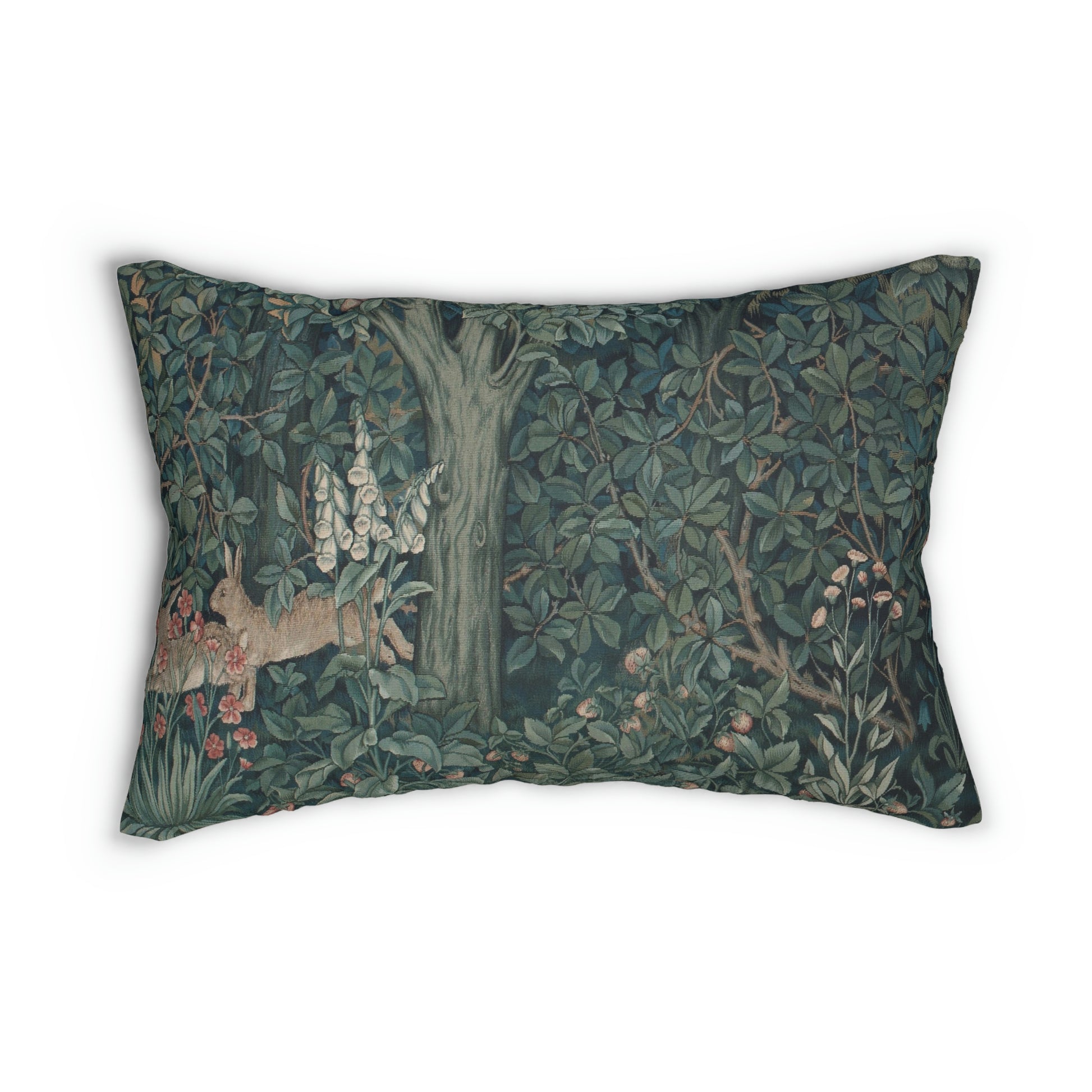A rectangular lumbar cushion with a green and brown design featuring a rabbit, trees, and floral elements, inspired by William Morris - Greenery Collection.