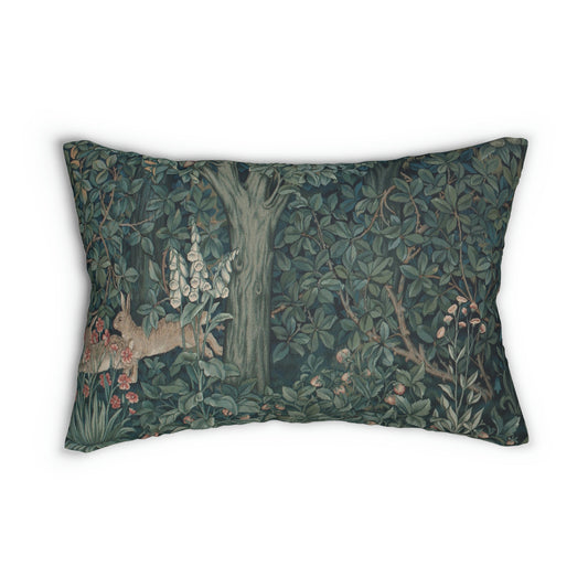 A rectangular lumbar cushion with a green and brown design featuring a rabbit, trees, and floral elements, inspired by William Morris - Greenery Collection.