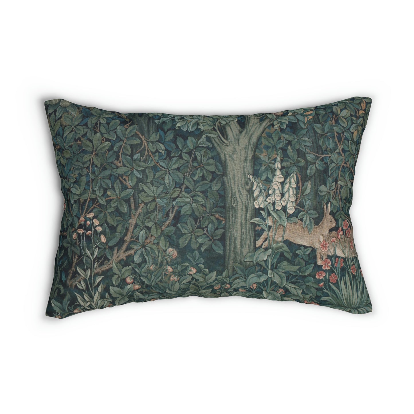A rectangular lumbar cushion with a green and multicolour William Morris & Co floral and animal pattern design, featuring a rabbit and trees in the background.