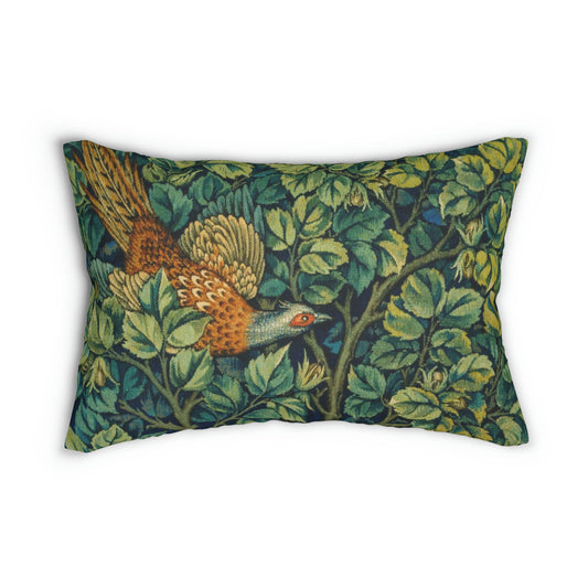A lumbar cushion featuring a hidden beige zipper with a William Morris & Co design of a pheasant among green leaves on a background with a similar leaf pattern.