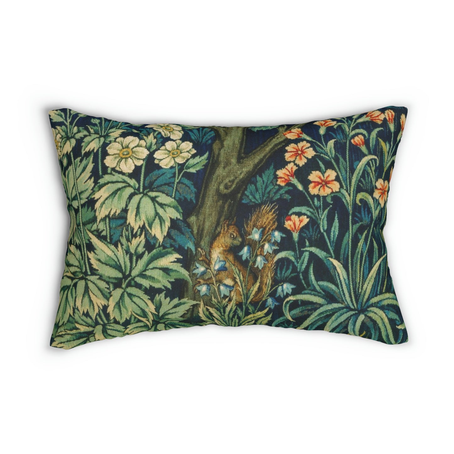 A lumbar cushion with a William Morris & Co floral and animal print design, featuring a tree and squirrel, on a white background.