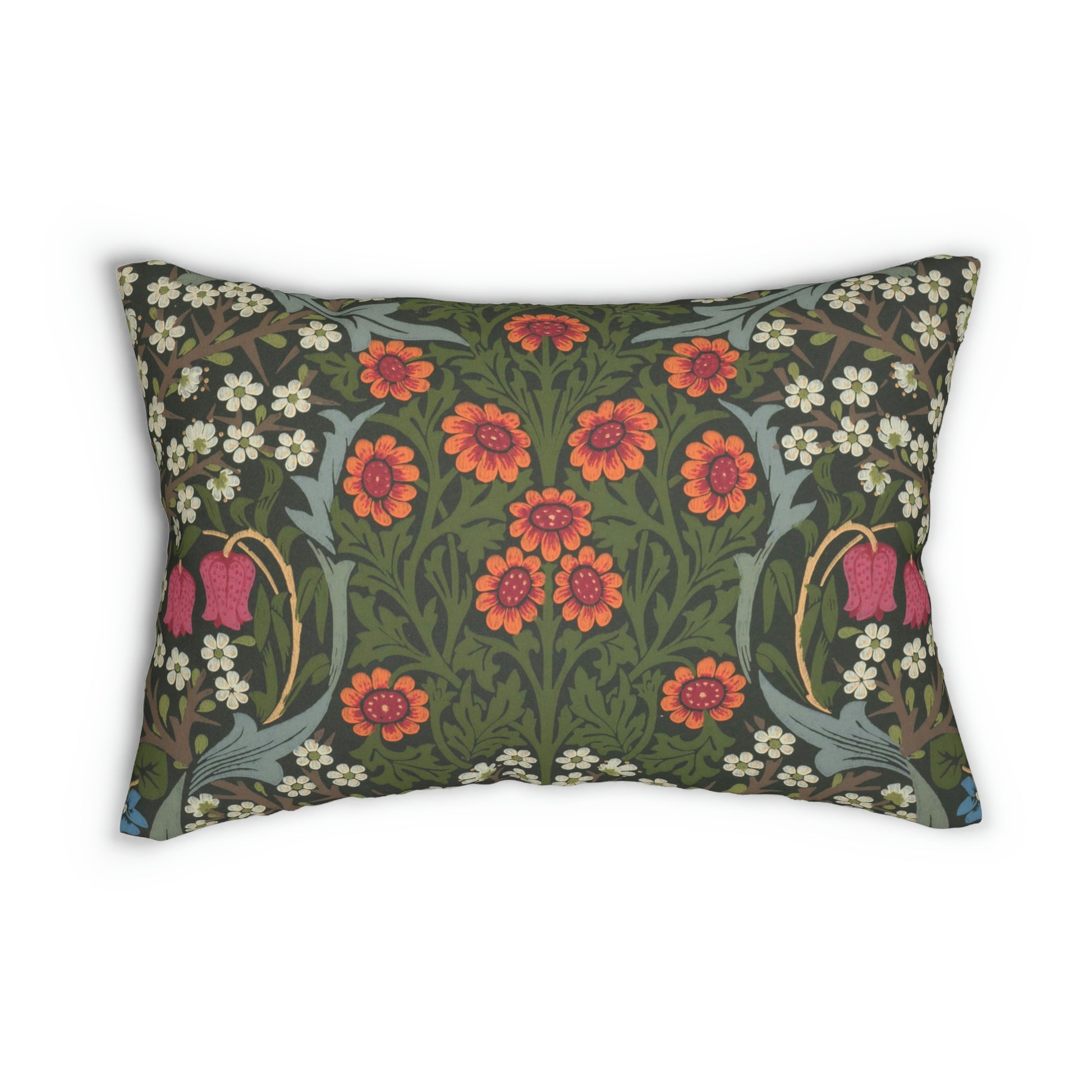 A rectangular lumbar cushion with a floral William Morris & Co pattern featuring predominantly green, with accents of red, yellow and blue.