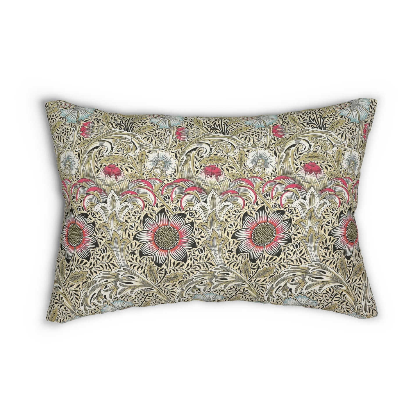 A rectangular lumbar cushion with a floral William Morris & Co pattern and a concealed zipper, in a multicolour design featuring predominantly green, beige, and pink tones.