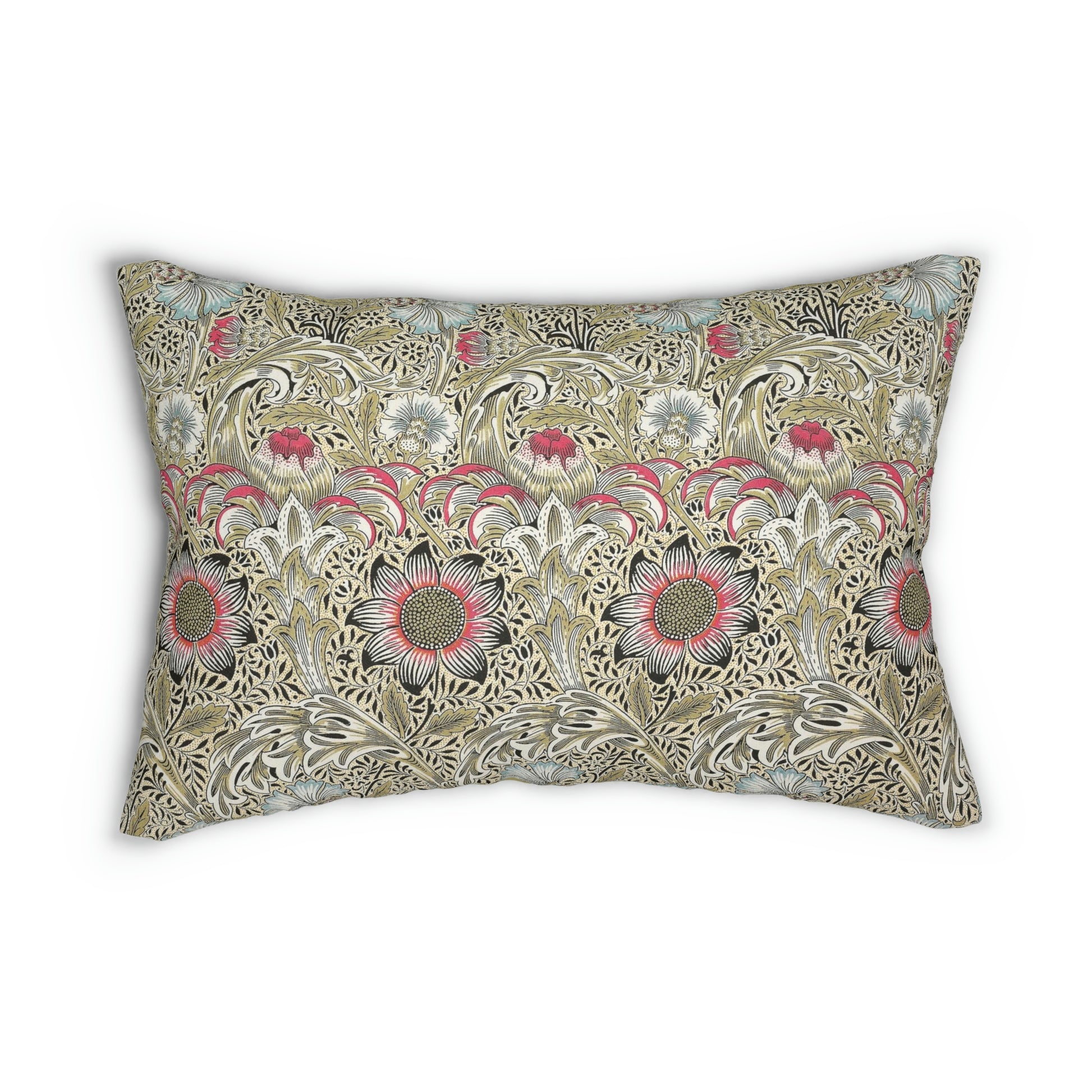 A rectangular lumbar cushion with a floral William Morris & Co pattern and a concealed zipper, in a multicolour design featuring predominantly green, beige, and pink tones.