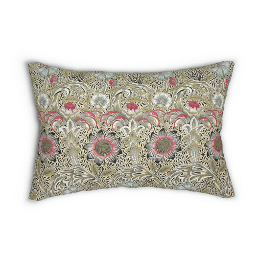 A rectangular lumbar cushion with a floral William Morris & Co pattern and a concealed zipper, in a multicolour design featuring predominantly green, beige, and pink tones.