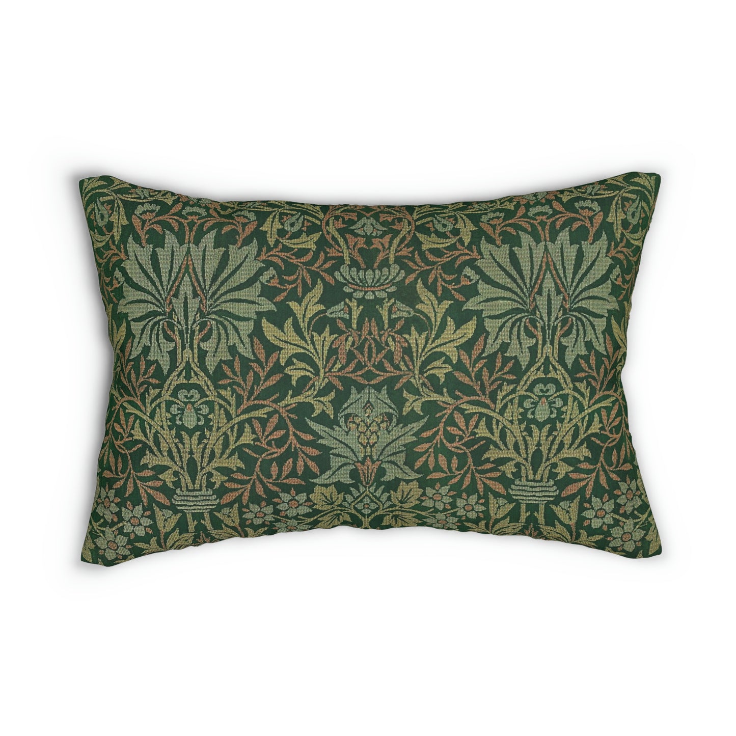 A rectangular lumbar cushion with a floral William Morris & Co pattern design in green, beige, and brown colours, featuring a concealed beige zipper.