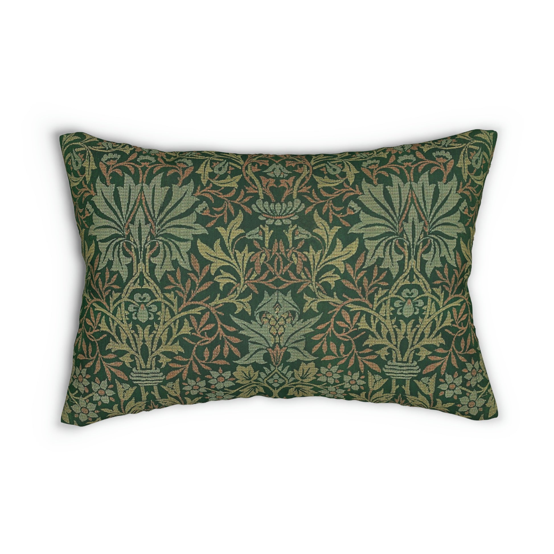 A rectangular lumbar cushion with a floral William Morris & Co pattern design in green, beige, and brown colours, featuring a concealed beige zipper.