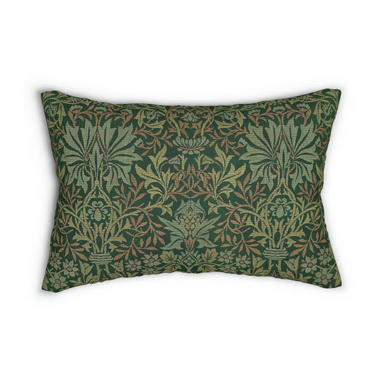 A rectangular lumbar cushion with a floral William Morris & Co pattern design in green, beige, and brown colours, featuring a concealed beige zipper.