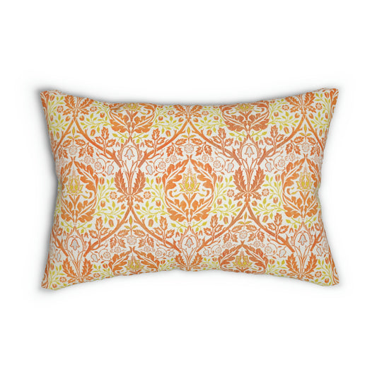 A rectangular lumbar cushion with a William Morris & Co floral pattern in shades of orange, beige, and yellow, featuring a concealed zipper.