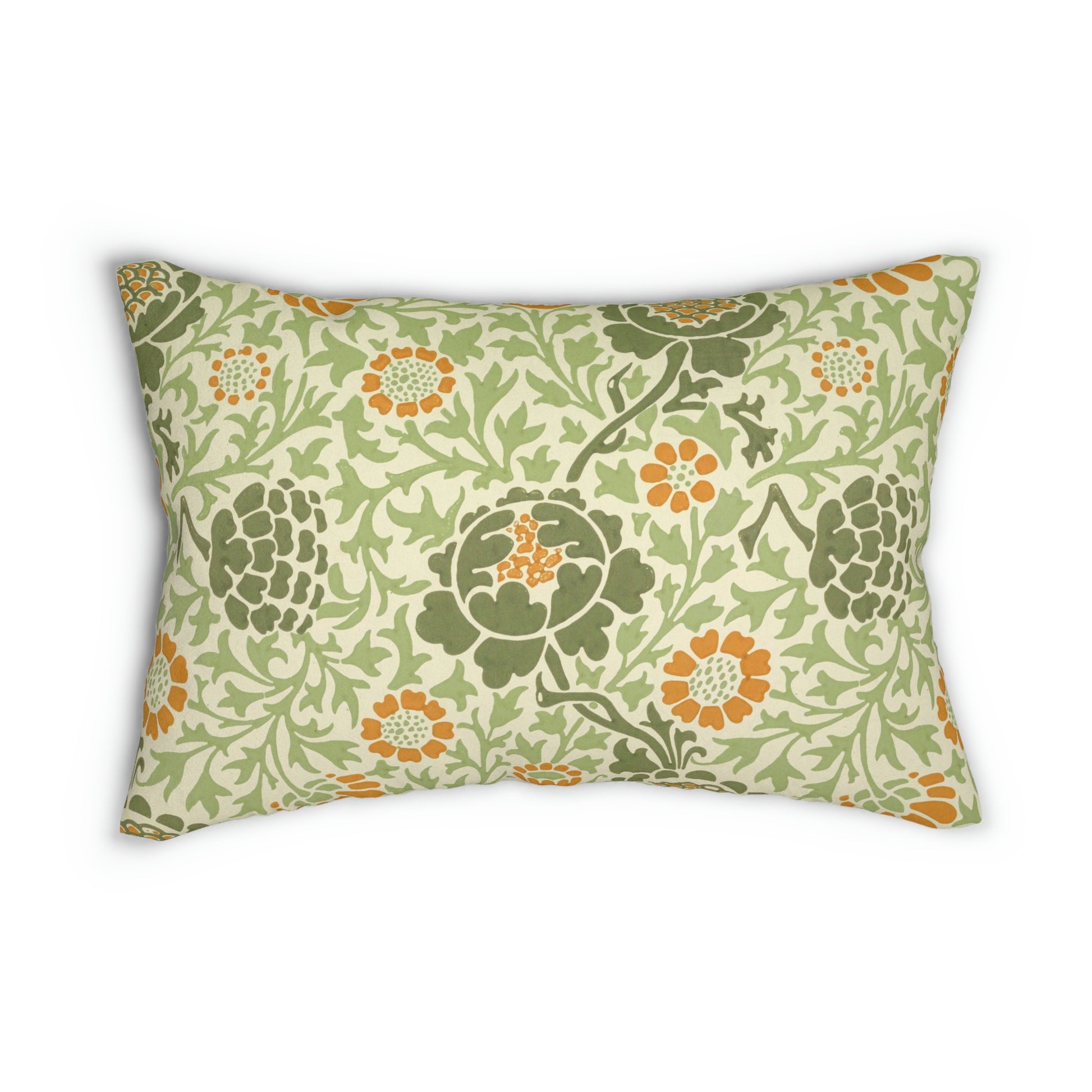A rectangular lumbar cushion with a William Morris & Co floral pattern in green, beige, and orange colours, featuring a concealed zipper.