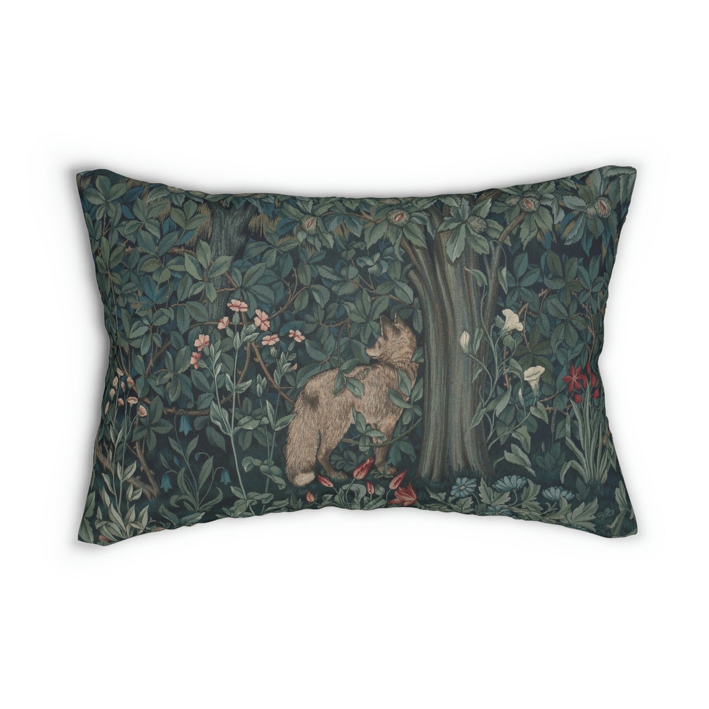 A rectangular lumbar cushion with a floral pattern featuring a bear, designed by William Morris & Co, in a forest green color.
