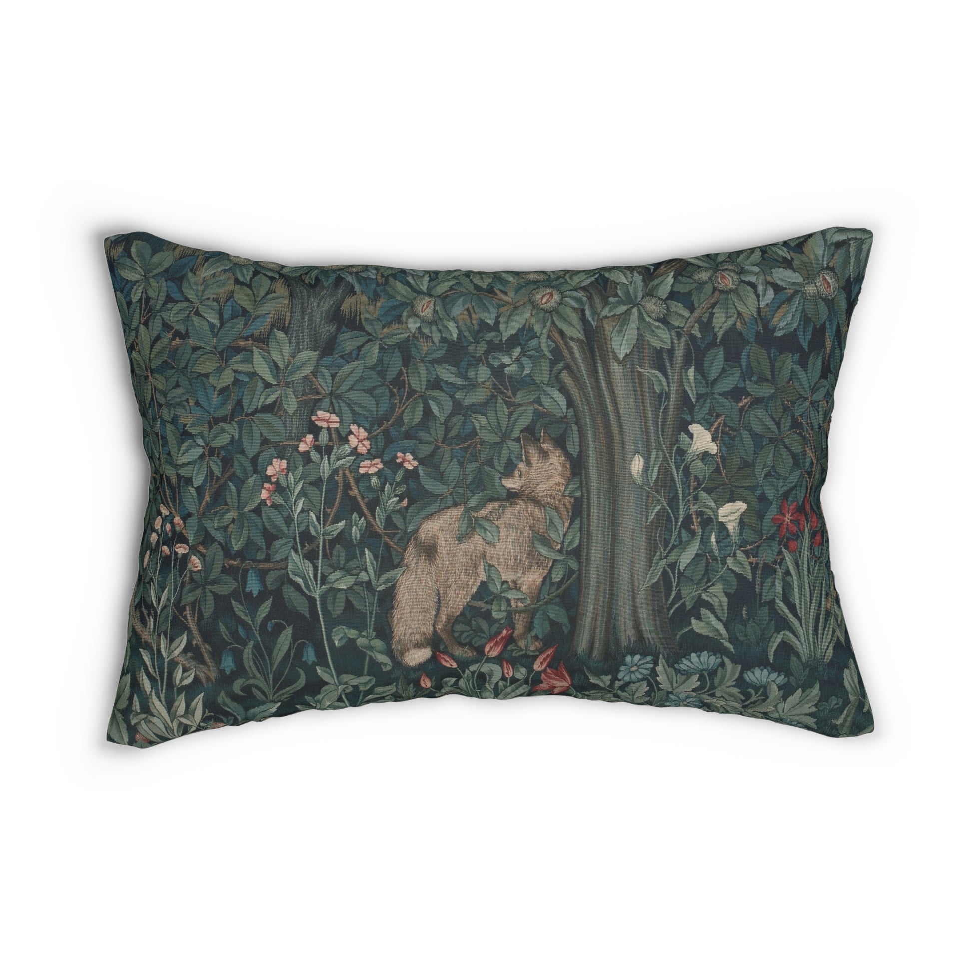 A rectangular lumbar cushion with a floral pattern featuring a bear, designed by William Morris & Co, in a forest green color.