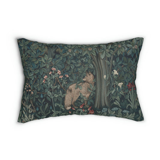 A rectangular lumbar cushion with a floral pattern featuring a bear, designed by William Morris & Co, in a forest green color.