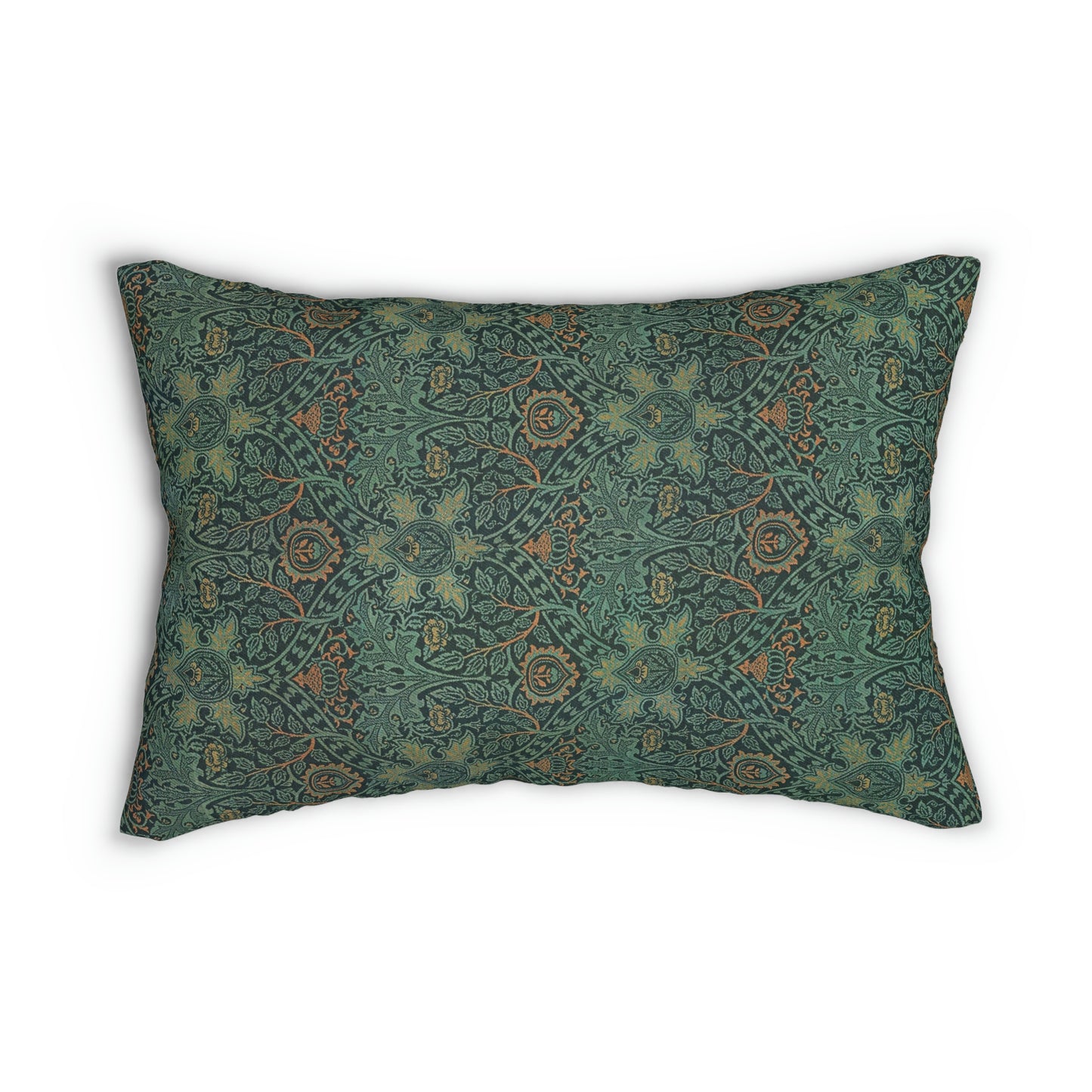A rectangular lumbar cushion with a William Morris & Co floral pattern in shades of green and beige, featuring a concealed zipper.