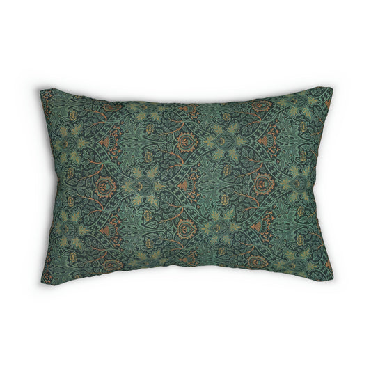 A rectangular lumbar cushion with a William Morris & Co floral pattern in shades of green and beige, featuring a concealed zipper.