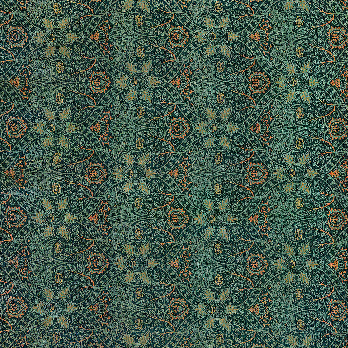 A rectangular lumbar cushion with a William Morris & Co floral pattern in shades of green and beige, featuring a concealed zipper.