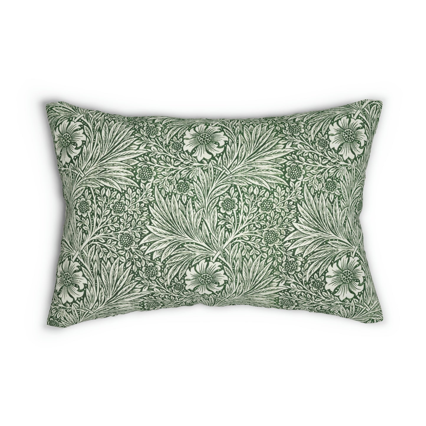 A rectangular lumbar cushion with a green William Morris & Co floral pattern on a white background, featuring a concealed beige zipper.