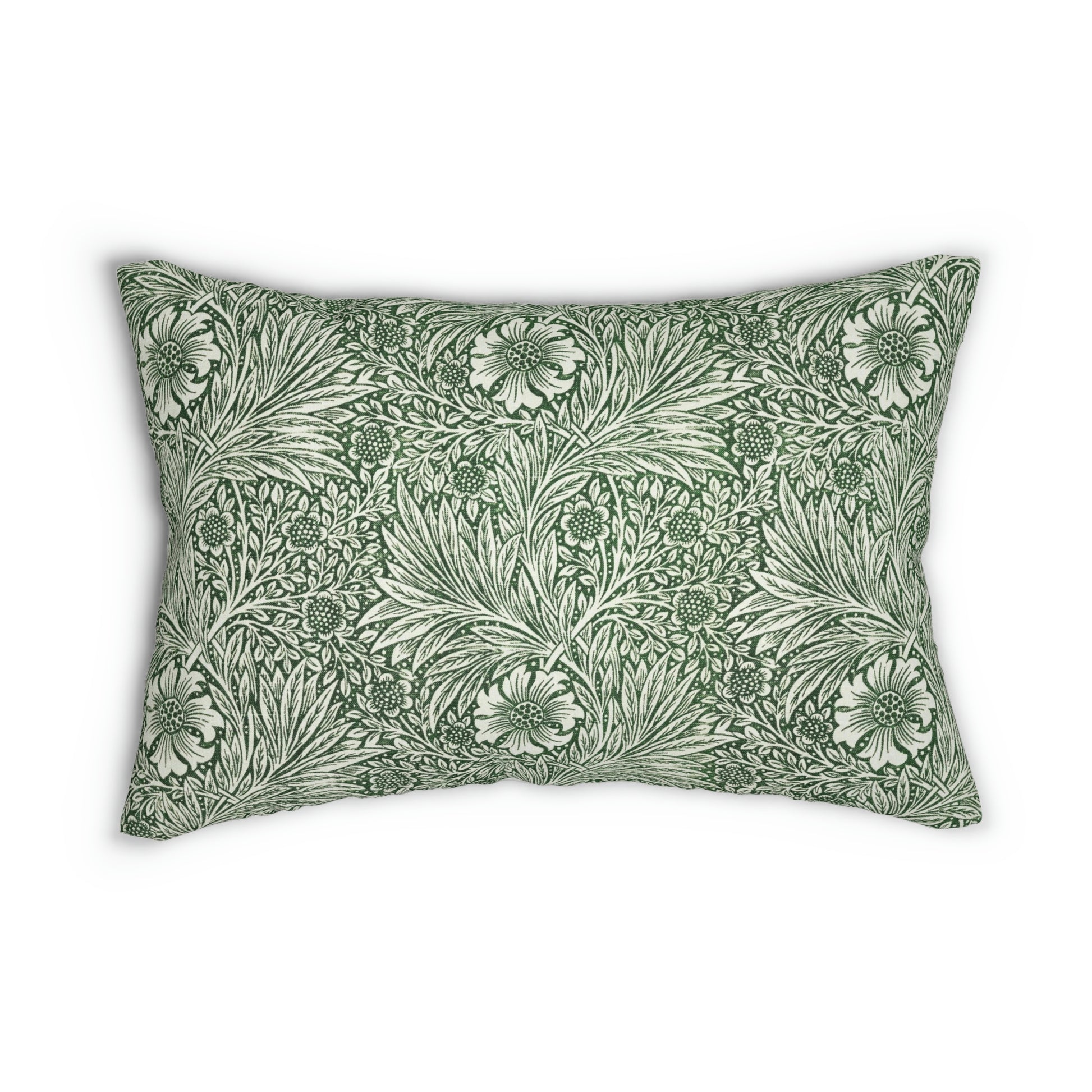 A rectangular lumbar cushion with a green William Morris & Co floral pattern on a white background, featuring a concealed beige zipper.