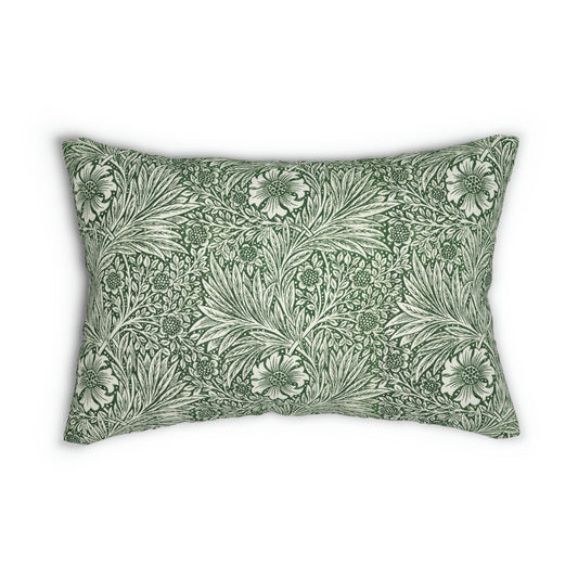 A rectangular lumbar cushion with a green William Morris & Co floral pattern on a white background, featuring a concealed beige zipper.
