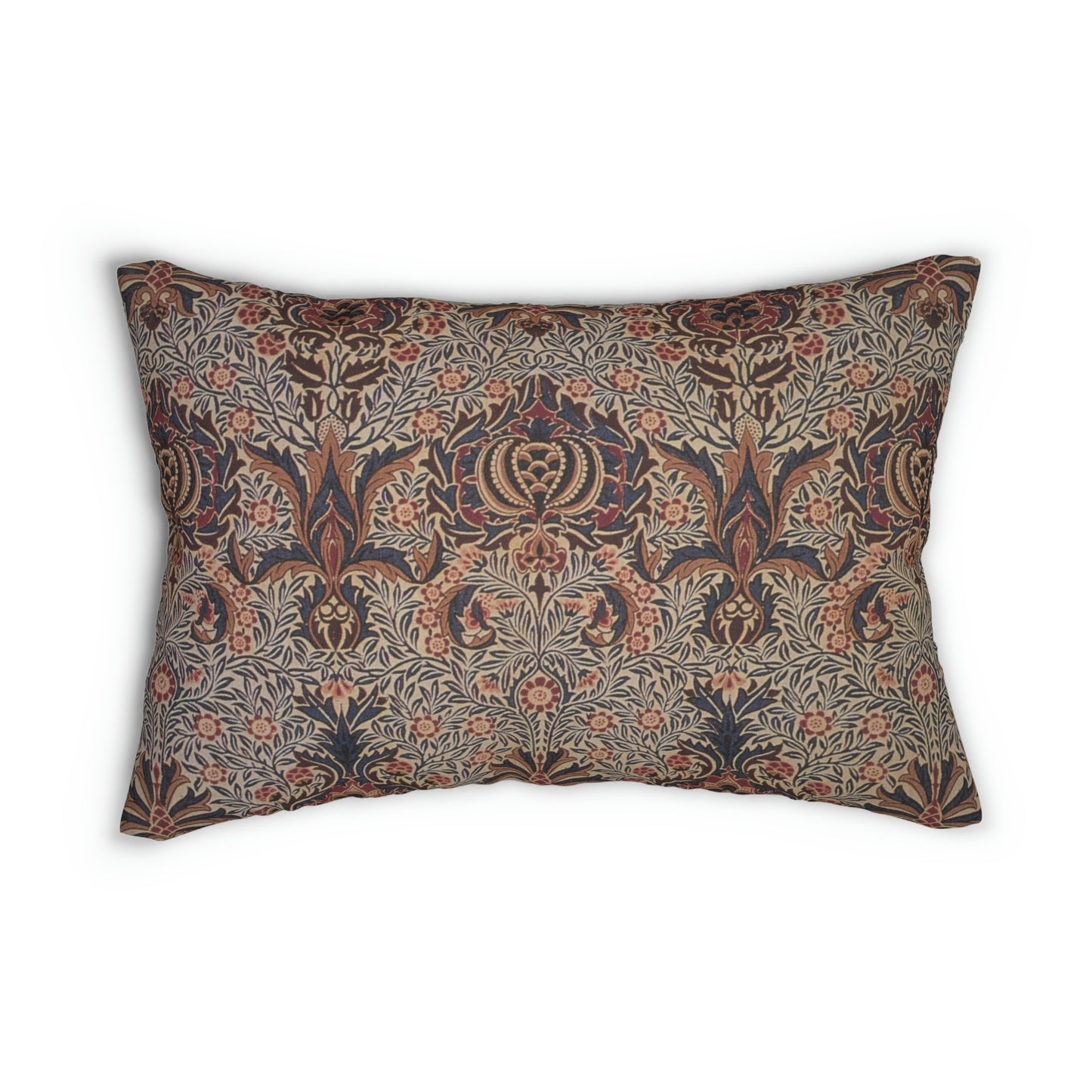 A rectangular lumbar cushion with a William Morris & Co floral pattern in a multicolour design, featuring a concealed zipper.