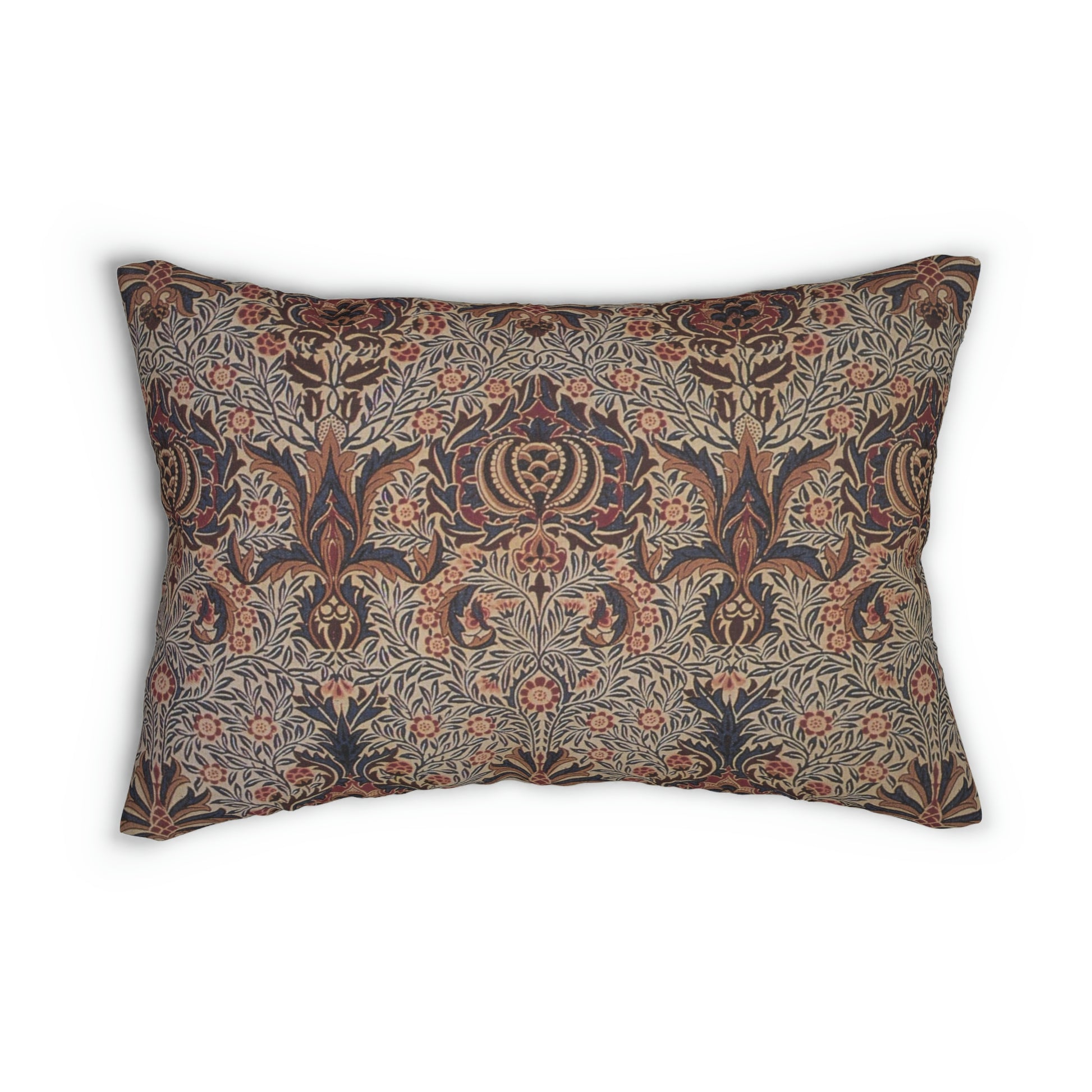A rectangular lumbar cushion with a William Morris & Co floral pattern in a multicolour design, featuring a concealed zipper.