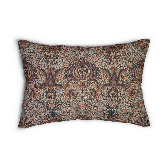 A rectangular lumbar cushion with a William Morris & Co floral pattern in a multicolour design, featuring a concealed zipper.