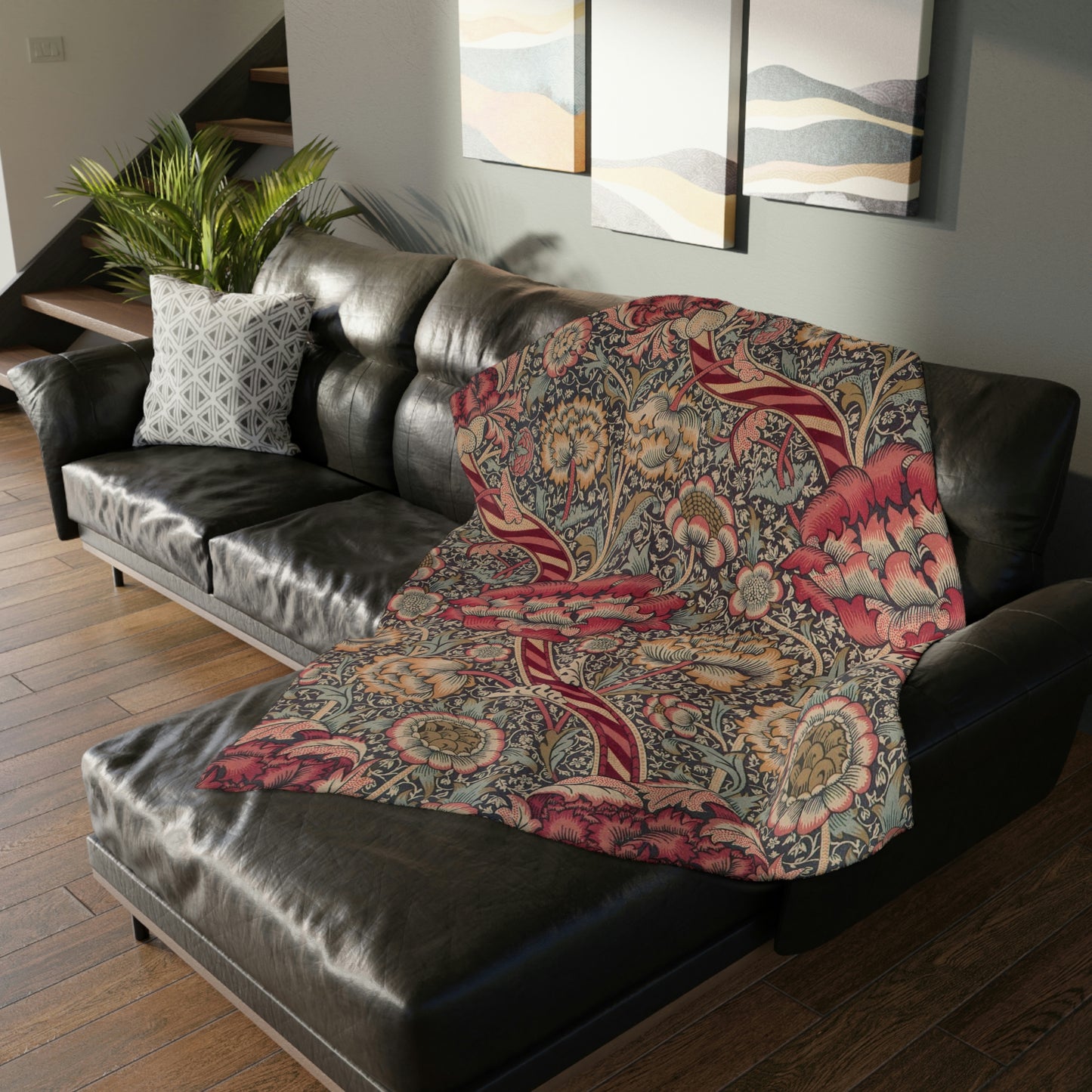 Luxury Velveteen Minky Blanket (Two-sided print) inspired by William Morris & Co in a pattern called Wandle Collection (Grey/Red)