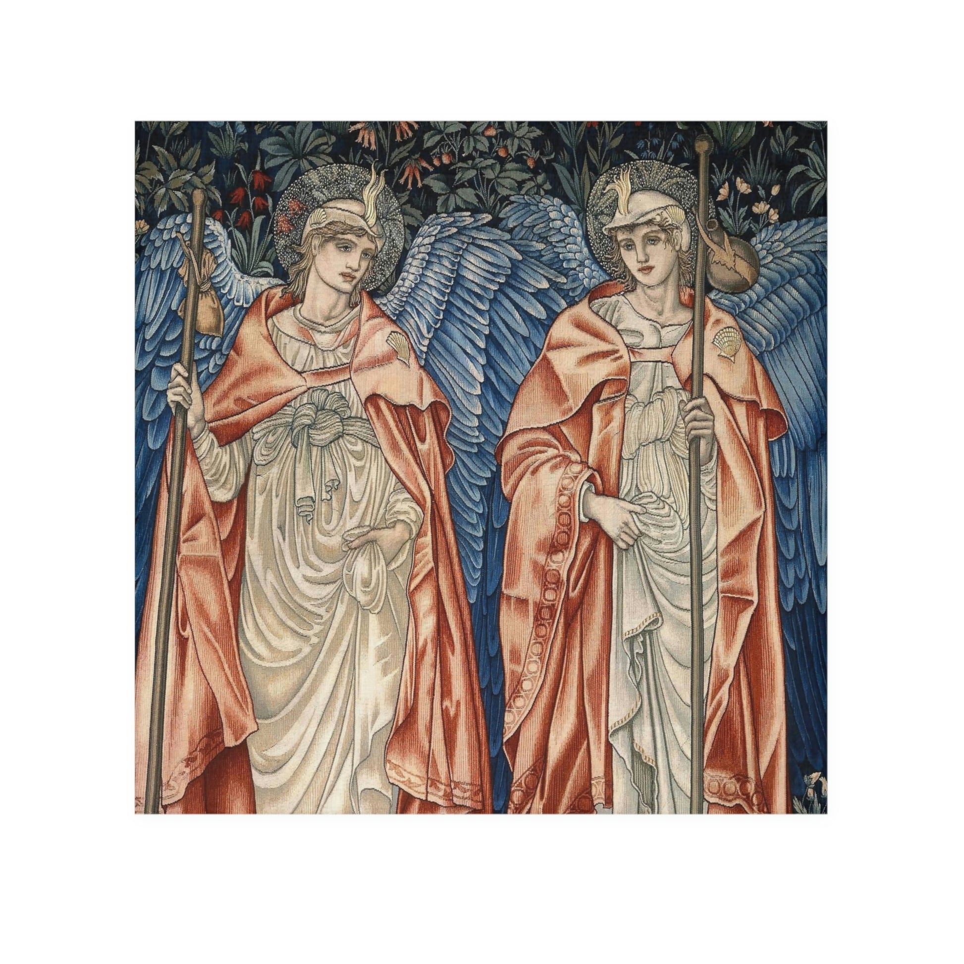 A white washcloth with a printed floral pattern inspired by William Morris, featuring two angels in a vintage style.