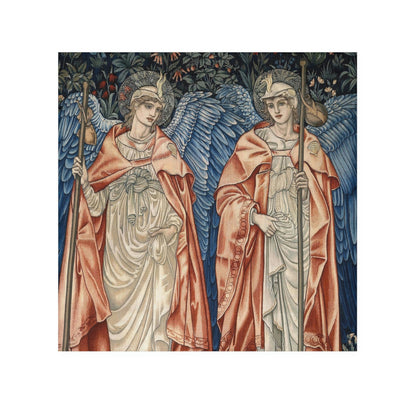 A white washcloth with a printed floral pattern inspired by William Morris, featuring two angels in a vintage style.