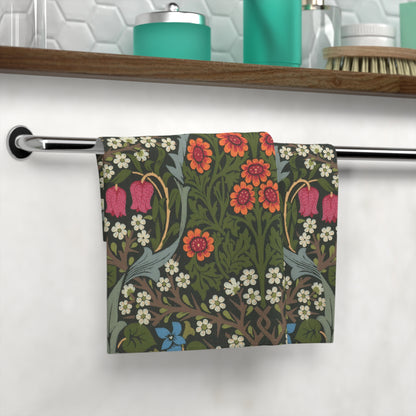 A colorful floral patterned washcloth inspired by William Morris' arts and crafts design.