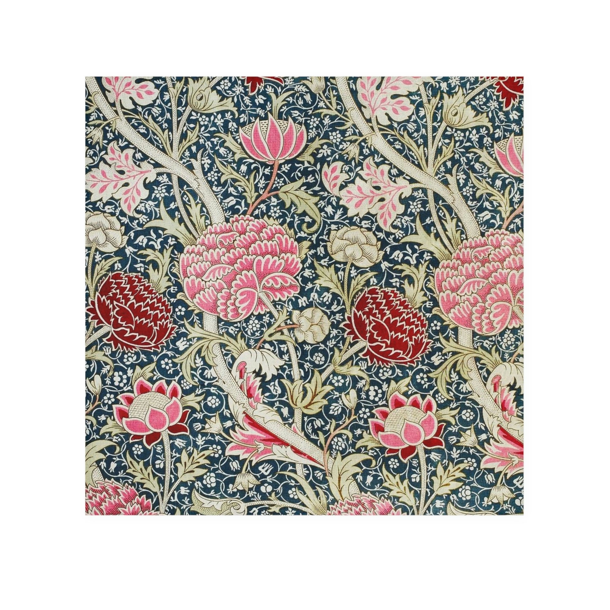 A white washcloth with a floral pattern inspired by William Morris, featuring vibrant colors on the front and a solid white back.