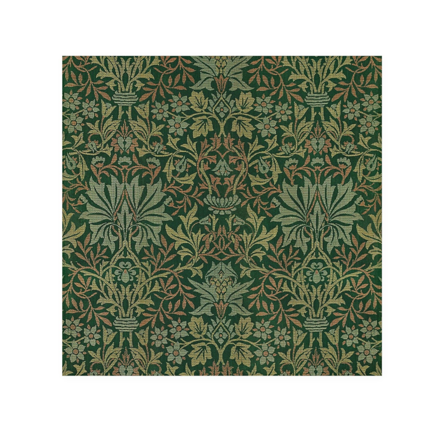 A green washcloth with a floral pattern inspired by William Morris.