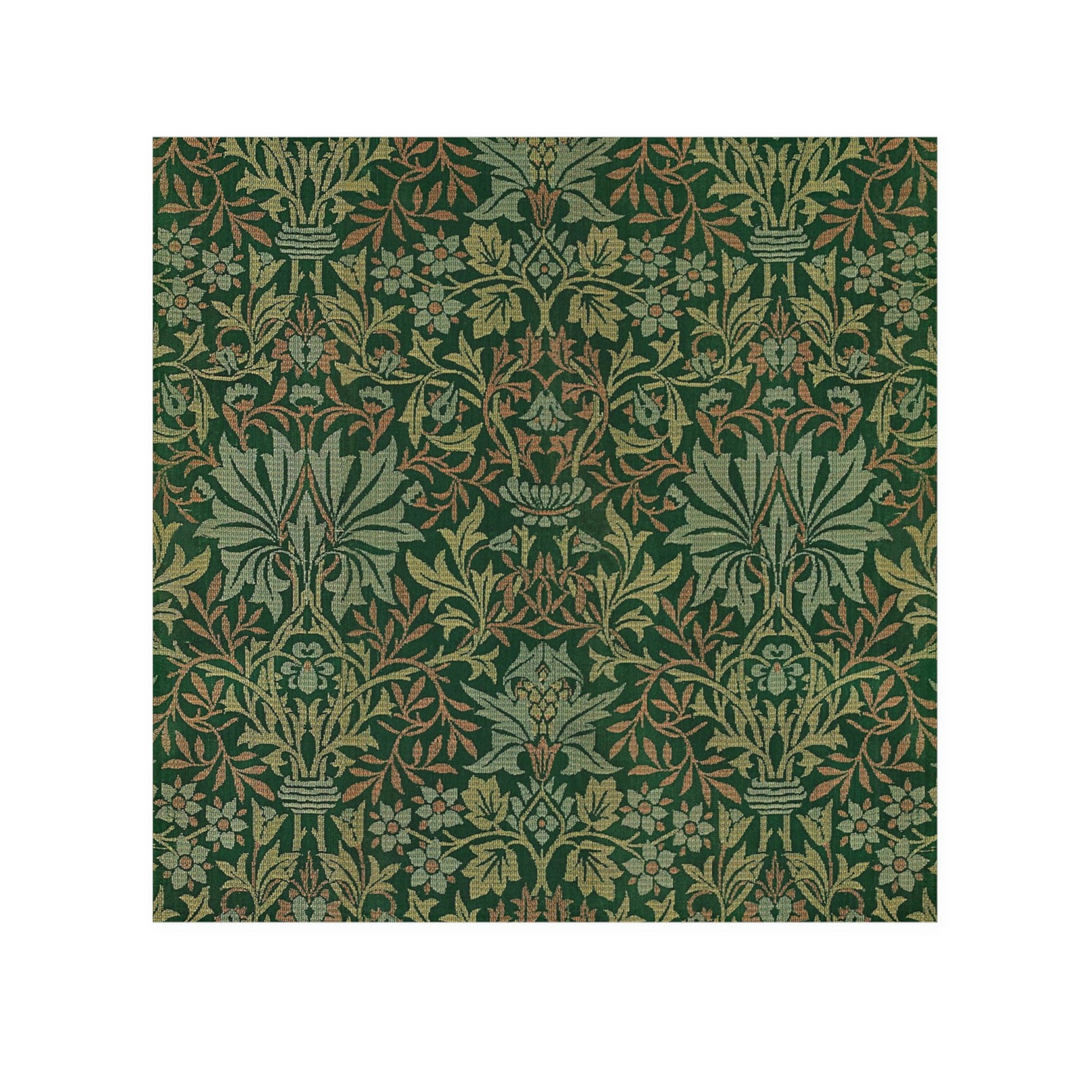 A green washcloth with a floral pattern inspired by William Morris.