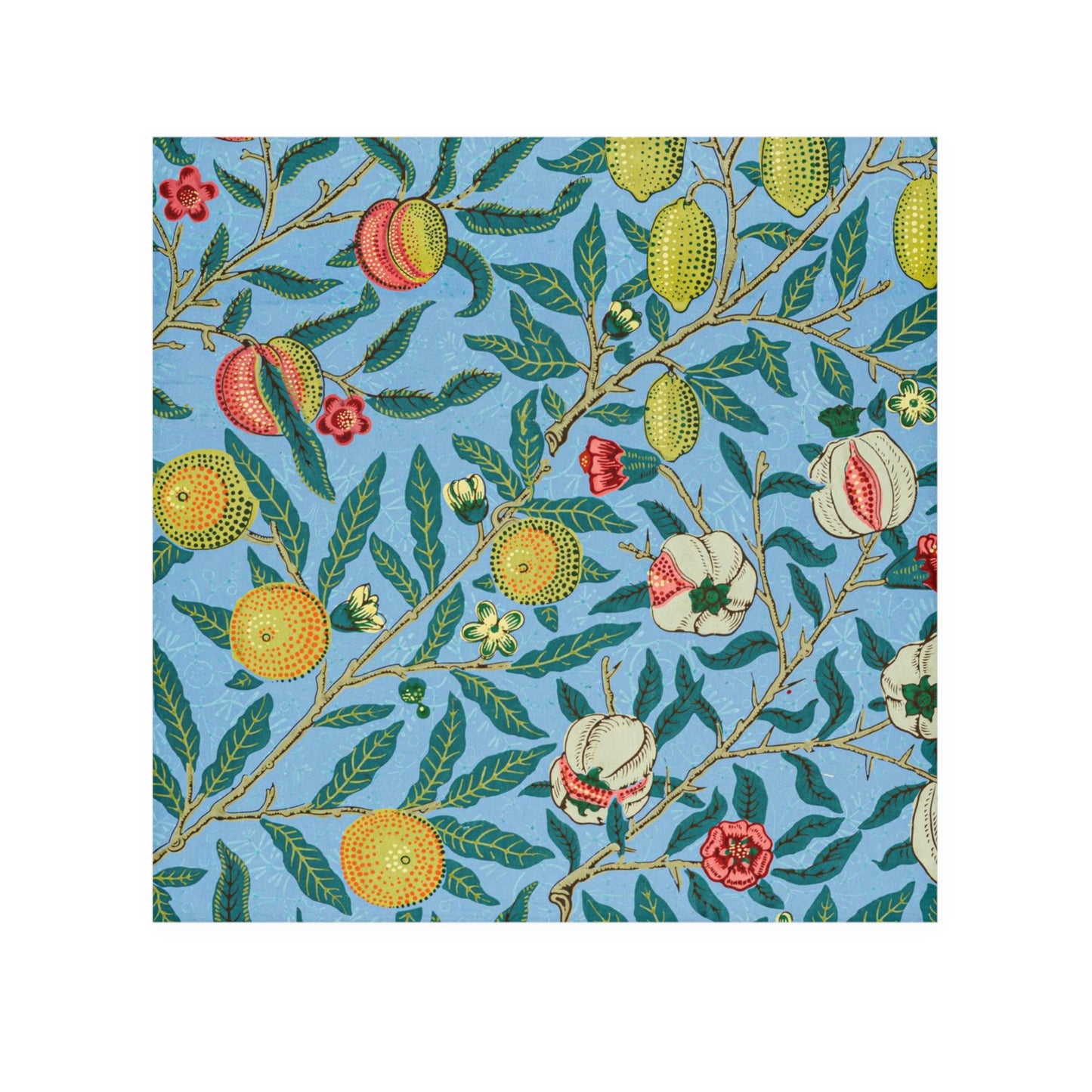 A face cloth with a floral pattern inspired by William Morris, featuring a mix of green and red fruits on a blue background.