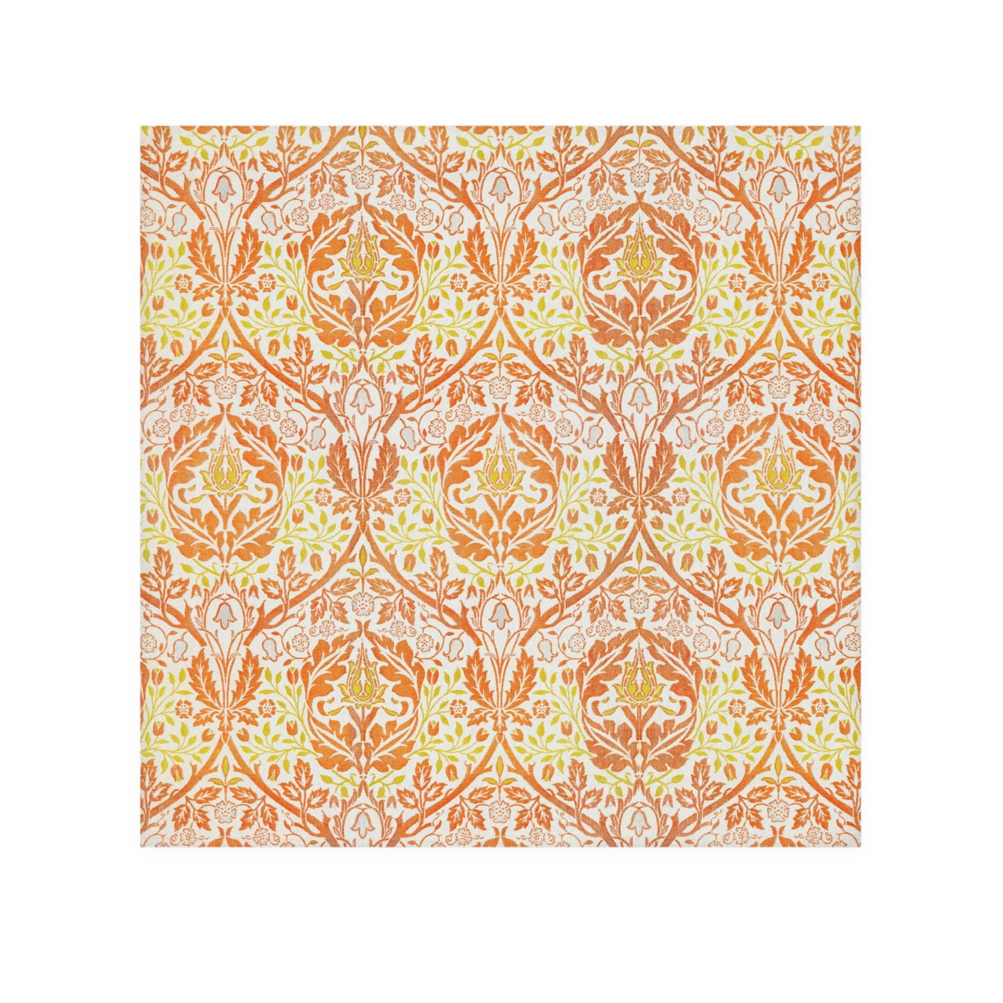 A white washcloth with a geometric floral pattern inspired by William Morris, featuring orange and yellow colours.