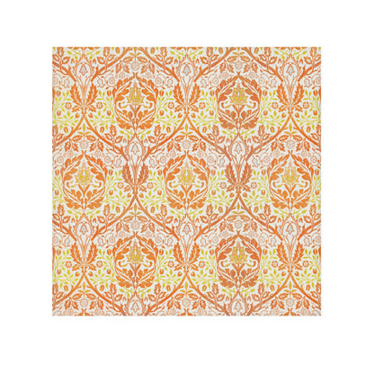 A white washcloth with a geometric floral pattern inspired by William Morris, featuring orange and yellow colours.