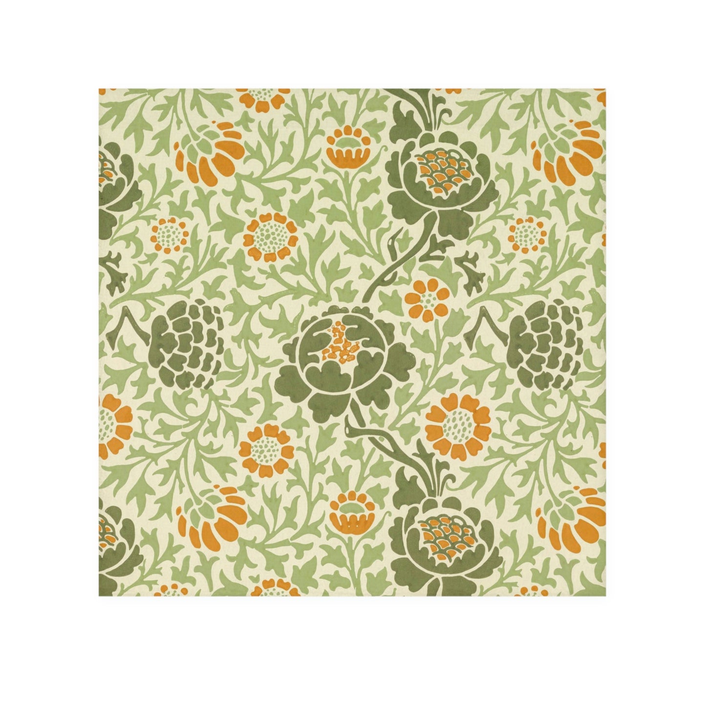 A white washcloth with a floral pattern inspired by William Morris, featuring green and orange colors.