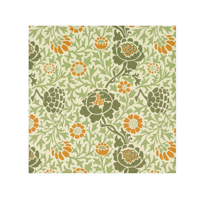 A white washcloth with a floral pattern inspired by William Morris, featuring green and orange colors.