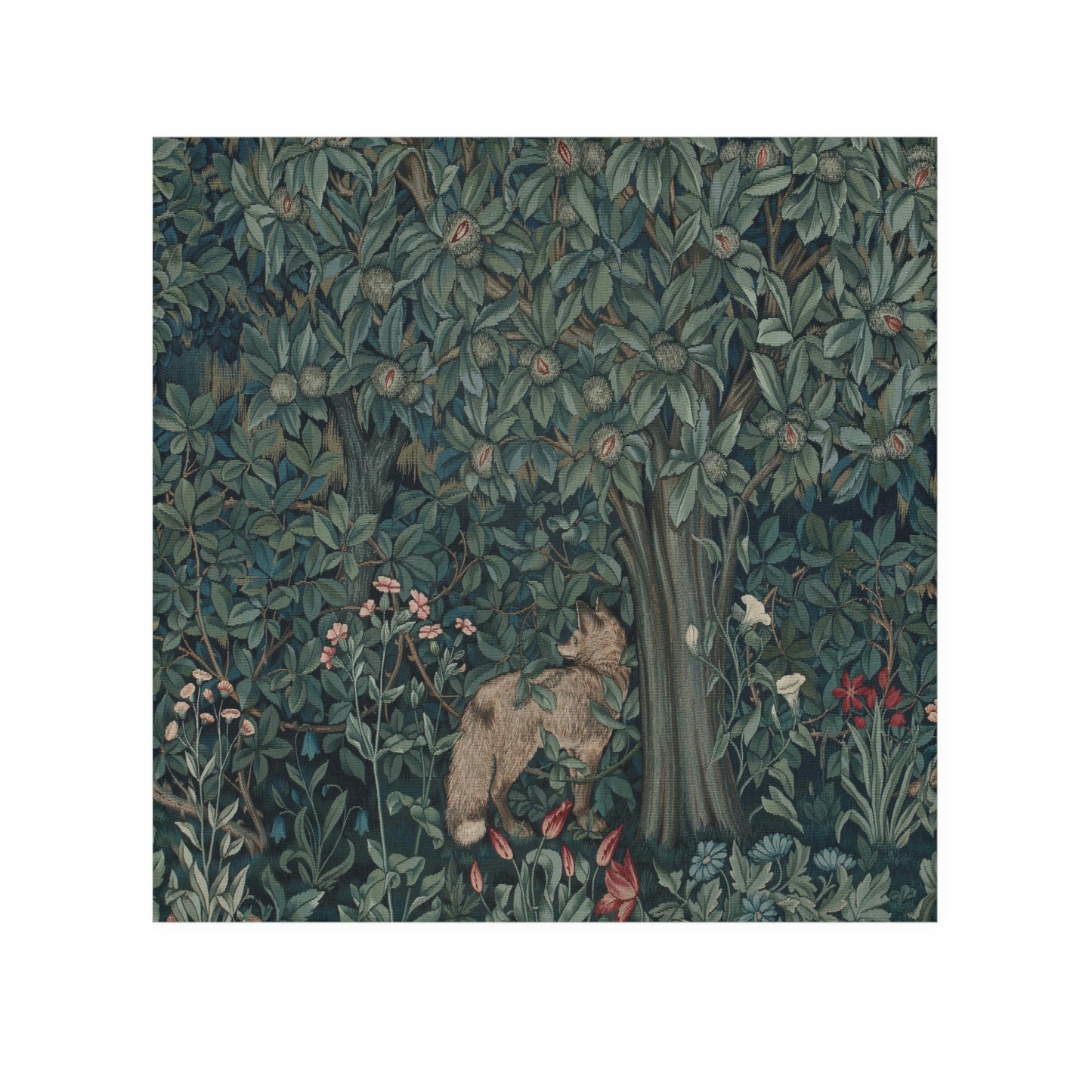A white washcloth with a floral pattern inspired by William Morris, featuring a greenery background with a fox design.