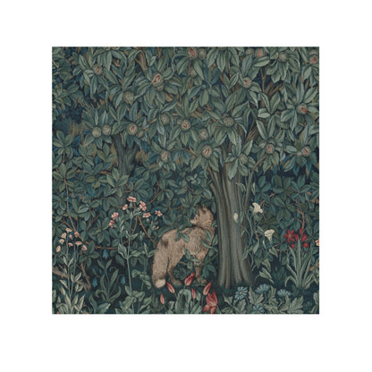 A white washcloth with a floral pattern inspired by William Morris, featuring a greenery background with a fox design.
