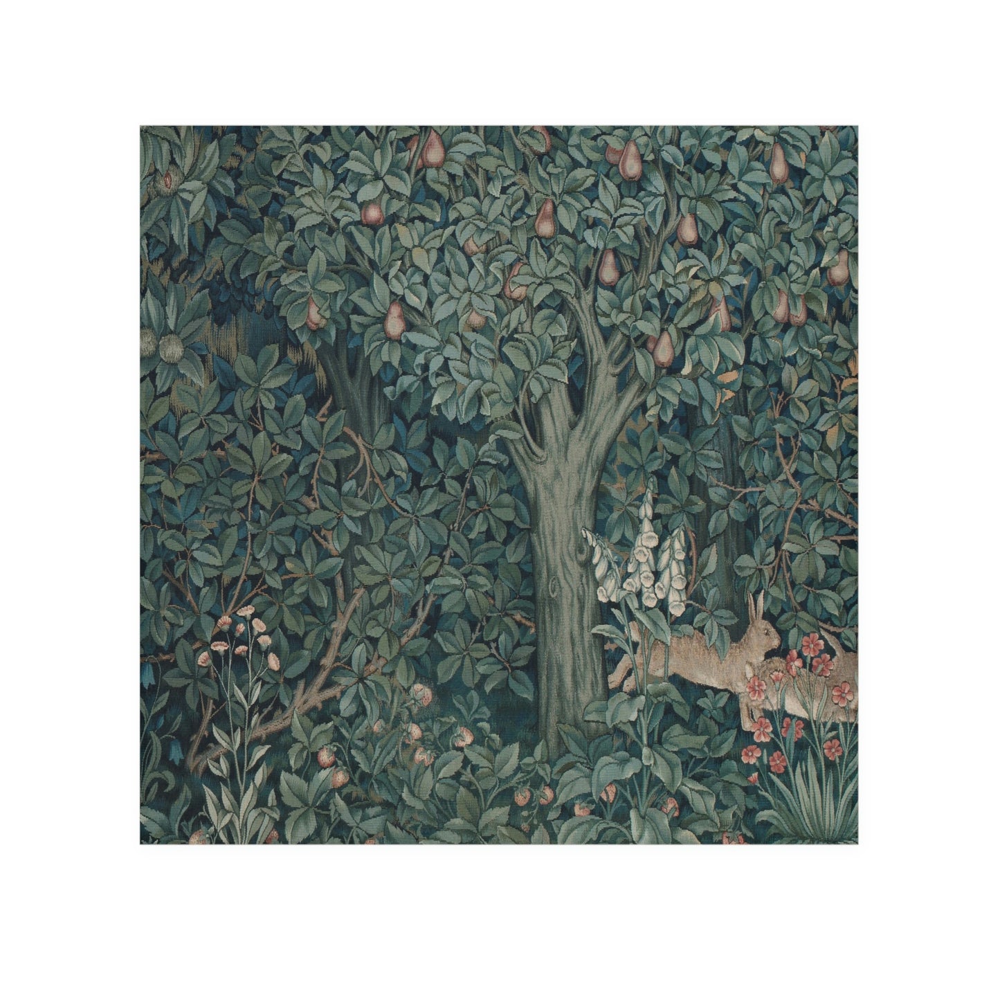 A white washcloth with a greenery design inspired by William Morris, featuring a rabbit among floral patterns.