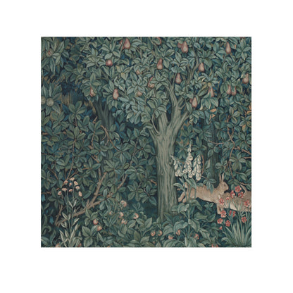 A white washcloth with a greenery design inspired by William Morris, featuring a rabbit among floral patterns.